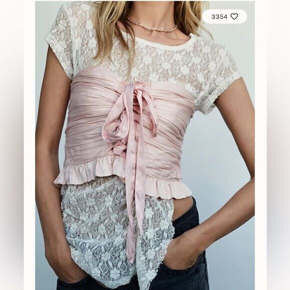 NWOT Free People Keep It Simple Lace Baby Tee Ivory Ruched Semi Sheer Fitted XS - Picture 2 of 14